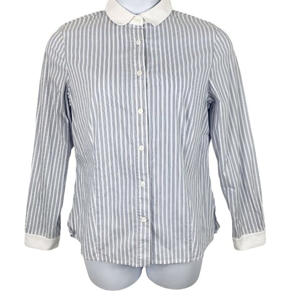 St John Size 10 Shirt Button Striped Blouse White Blue Long Sleeve Stretch FLAW - Picture 1 of 4